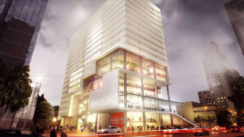 A large building with glass windows.